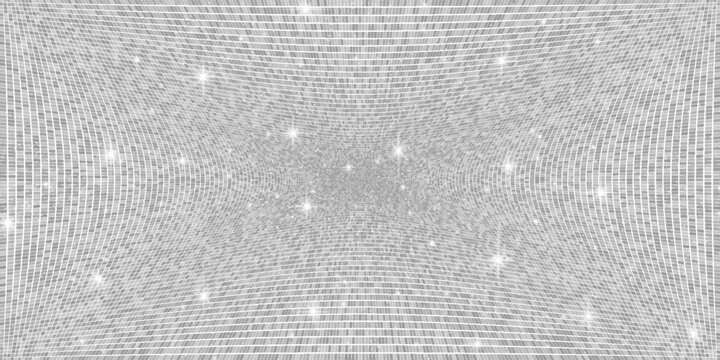 Silver mosaic disco ball background with white mirror glitter and light spots texture. Shiny grey tones sequin pattern. Festive fashion decoration. Glam sparkle Christmas wall. Vector illustration.