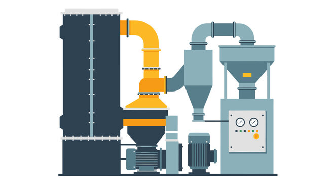 Industrial filtration unit with cyclone separator ductwork electric motors and a control panel on a white background