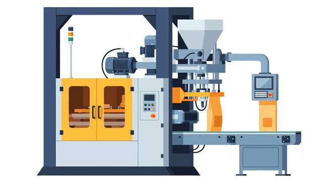 Industrial injection molding machine featuring a hopper control panel and conveyor belt on a white background
