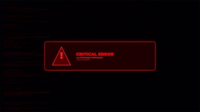 Flashing red critical error message on digital code background, system failure 4k video