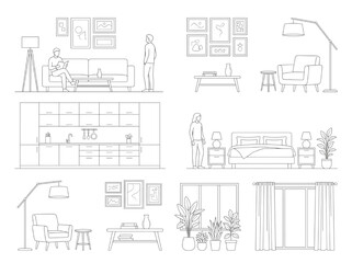 Naklejka premium Set of Linear CAD Interior Design Elements for Architectural Planning and Residential Layouts