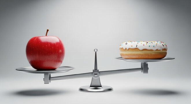 Healthy apple and sugary donut balanced on scale symbolizing fatty liver disease risk and diet choice impact on liver health