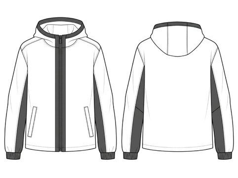 Technical CAD fashion flat sketch of a hooded jacket vector mockup
