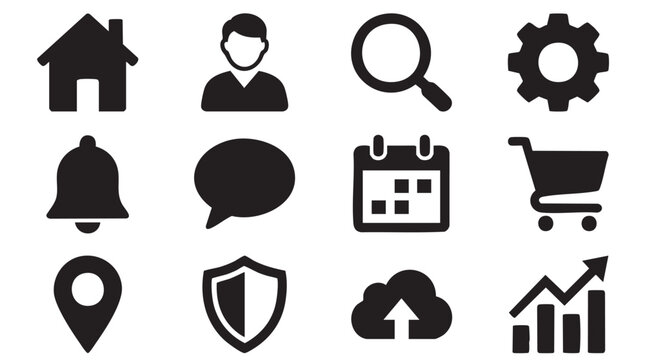Black icons, business and technology symbols, 12 flat design elements, web and app interface, navigation and management tools