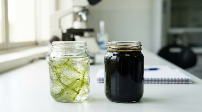 Oil energy transition prices concept with green algae and crude oil in glass jars on laboratory table for research