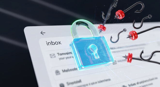 Secure inbox preventing online scam with digital lock and phishing hooks symbolizing email protection and fraud prevention
