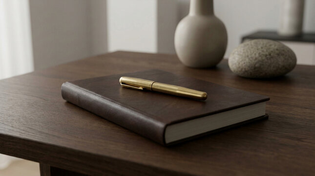 Elegant brass pen resting on a classic brown leather notebook on a dark wooden desk, with minimalist decor in the background, conveying professionalism and thoughtful work.