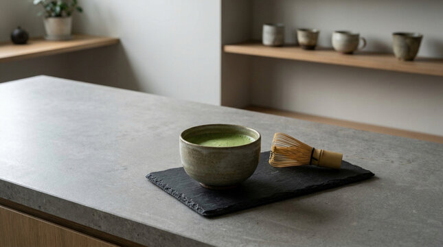 Freshly prepared matcha green tea in a traditional ceramic chawan bowl with a bamboo whisk (chasen) on a slate coaster, set on a modern kitchen countertop in a minimalist home.