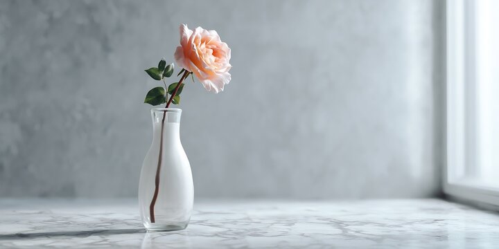 Peach colored rose in a simple glass vase resting on a white marble countertop with grey wall