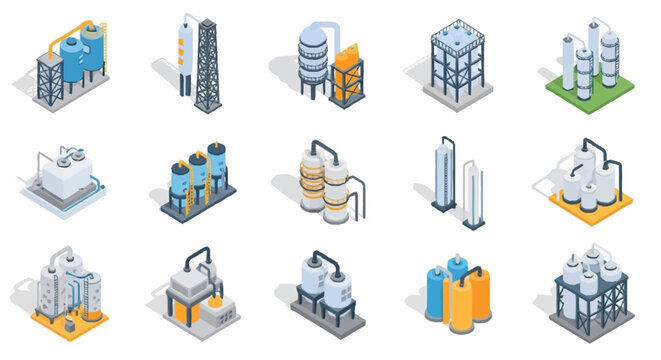 Set of isometric icons representing industrial facilities, chemical plants, and oil refineries.