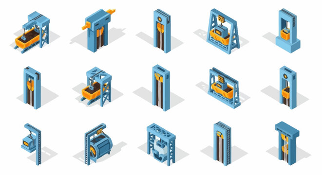 Isometric icons of industrial machinery and equipment in a blue and yellow color scheme.