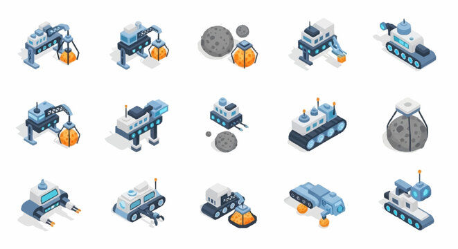 Collection of isometric robots and mining vehicles for space exploration and resource extraction.