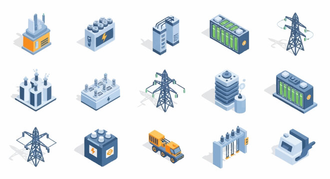 Collection of isometric icons representing power generation and distribution infrastructure.