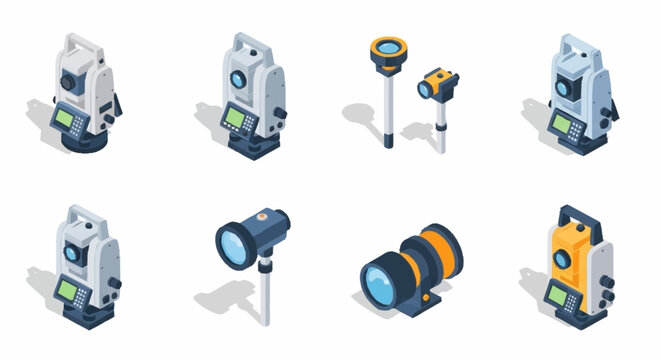 Collection of isometric surveying instruments including theodolites and total stations for land measurement and construction.