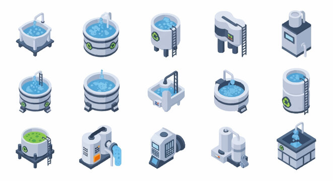 Set of isometric industrial tanks and containers filled with blue liquid and green substance.