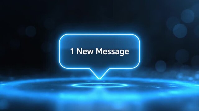 A futuristic blue neon speech bubble with a subtle digital glitch effect, set against a dark, bokeh-filled background, symbolizing communication and technology.