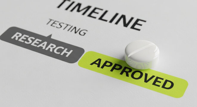 Research drug approvals timeline pill on document showing research testing approved milestone with clinical fda progress and decision emotion
