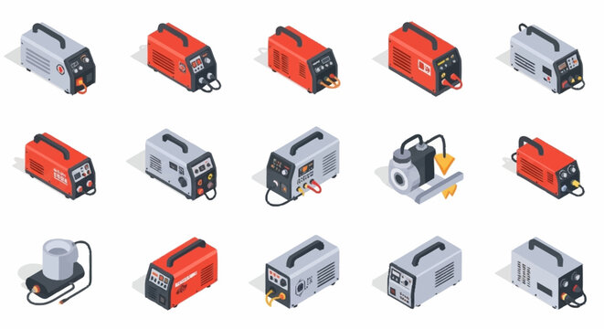 Collection of isometric welding machines and equipment, showcasing industrial tools for metal fabrication and repair.