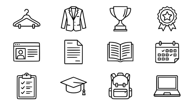 Student Information Systems and School Uniform Thin Line Icons Set