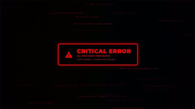 Flashing red critical error alert displayed over scrolling source code, computer system crash 4k 4k video