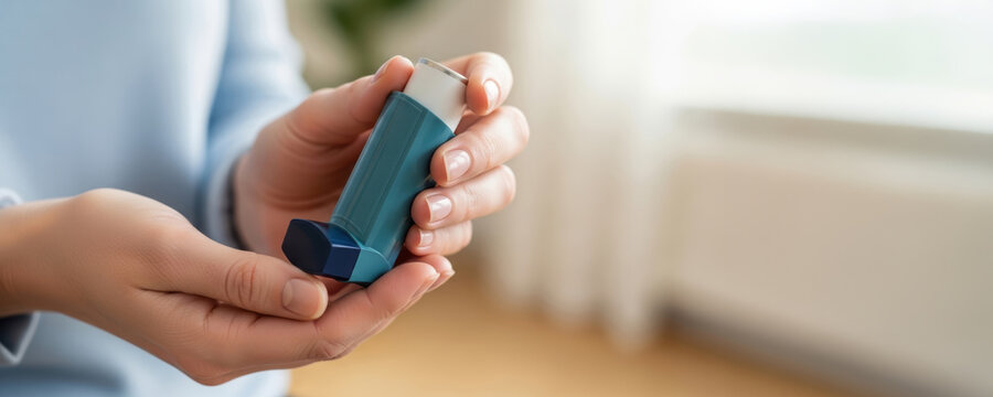 Chronic disease management inhaler asthma medication health respiratory treatment hand person holding inhaler demonstrates chronic disease