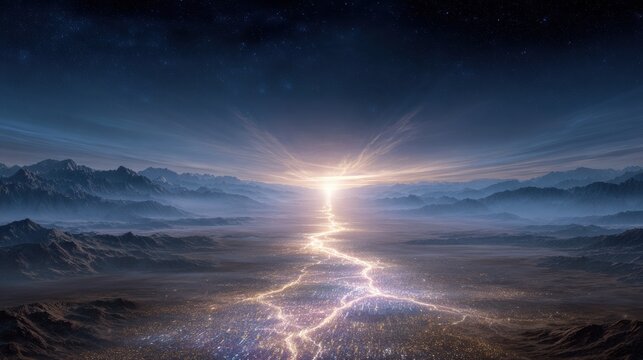 Pathways of light cross a great landscape, guiding travelers toward a radiant finish, representing a journey with purpose.