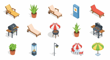 Fototapeta premium Collection of isometric outdoor furniture and equipment for relaxation and leisure activities.