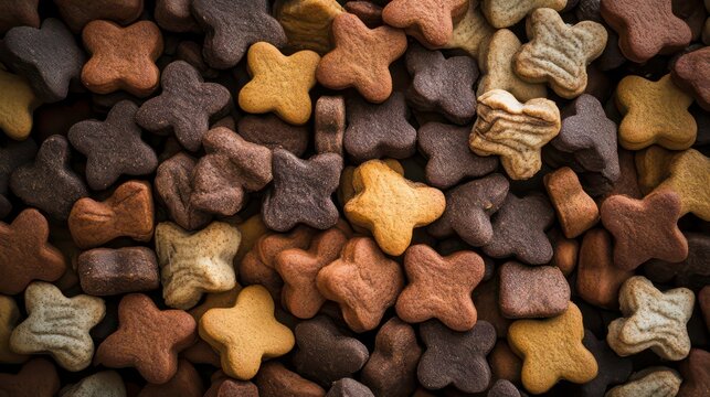Close-up of assorted brown and tan dog biscuits in x shapes.