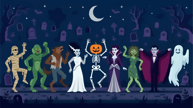 Classic Halloween Monsters Lineup in Graveyard at Night, Mummy, Creature, Werewolf, Bride, Skeleton, Vampire, Zombie, Ghost, Moonlit Sky with Stars and Bats, Flat Vector Illustration