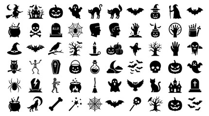 Obraz premium Set of black solid silhouette icons for spooky Halloween holiday celebration