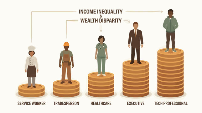 Flat Design Vector Illustration of Diverse Professions Standing on Stacks of Coins Representing Income Inequality and Wealth Disparity, Concept of Economic Gap