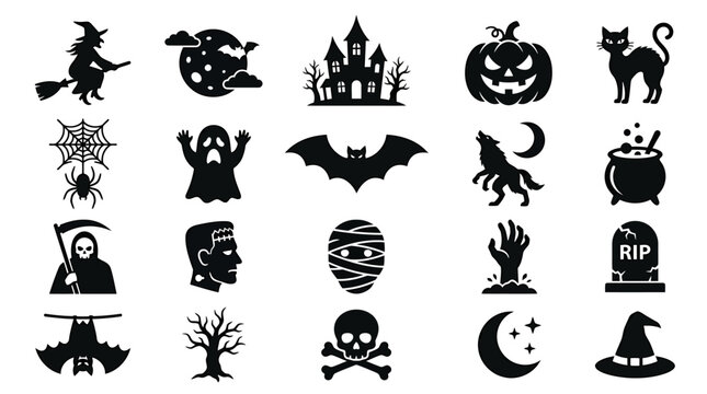 Halloween silhouette icon collection with spooky symbols like witch ghost pumpkin and bat for festive design