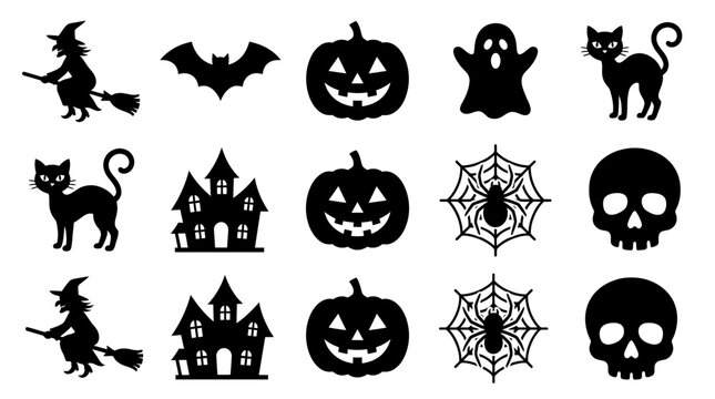 Black Silhouette Icons A Spooky Halloween Collection Featuring Bats, Cats, Pumpkins, and Ghosts