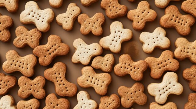 Close-up top view of many bone-shaped dog biscuits in light and dark brown shades on a brown background.