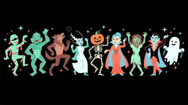 Classic Horror Monsters Dancing Together in Flat Vector Style, Mummy, Creature, Werewolf, Bride, Skeleton, Vampire, Zombie, Ghost Characters Celebrating Halloween
