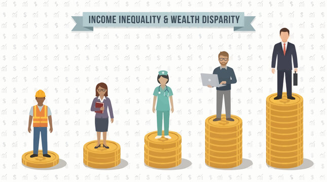 Flat Design Vector Illustration of Income Inequality and Wealth Disparity with Diverse Professions Standing on Stacks of Coins, Representing Economic Differences, Business Concept