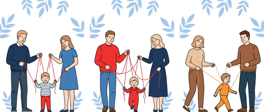 Vector illustration concept of overprotective helicopter parenting showing mother and father controlling child with strings and ropes