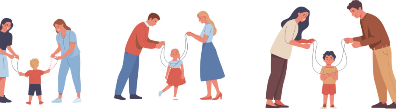Vector illustration concept of overprotective parenting showing helicopter parents controlling their children with strings isolated on white