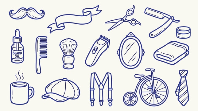 Collection of vintage barber shop and men's grooming items in a doodle style.