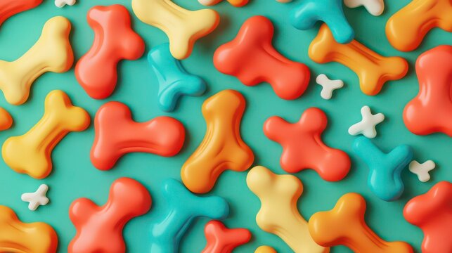 Colorful bone-shaped objects scattered on a teal background.