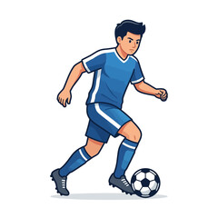 Fototapeta premium A cartoon illustration of a male soccer player in a blue uniform dribbling a black and white football on a white background.