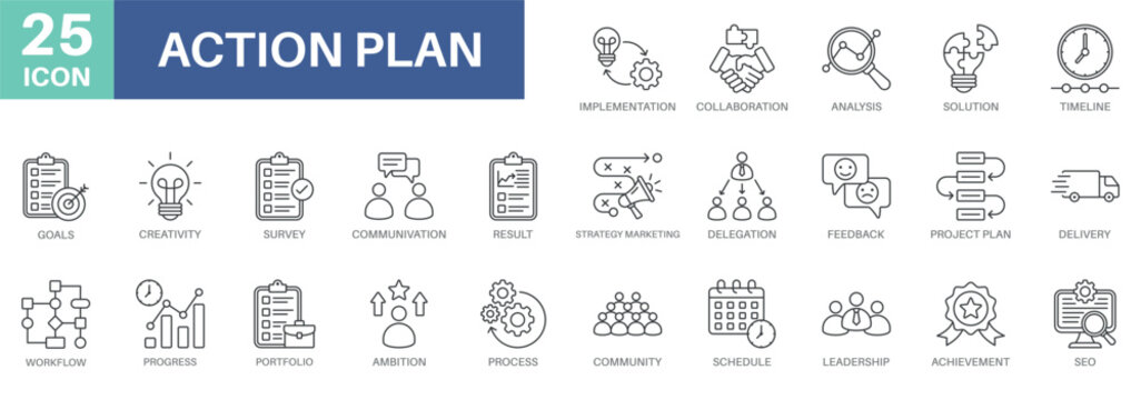 action plan icon set, goals, analysis, strategy marketing,planning, and implementation. Simple vector symbols collection suitable for symbols and more