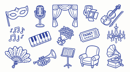 A collection of hand-drawn icons representing music, theater, and performance arts. © zainab
