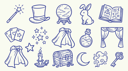 Collection of hand-drawn doodle icons representing magic and fantasy elements, including a wand, top hat, crystal ball, rabbit, spellbook, and more. © zainab