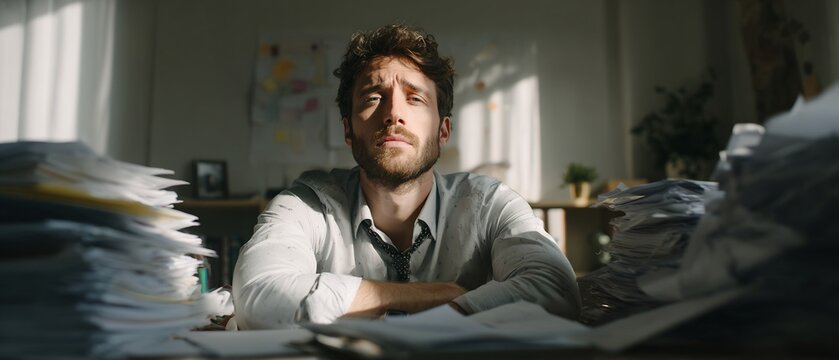 Burned out man leaning on desk with tired expression surrounded by paper stacks