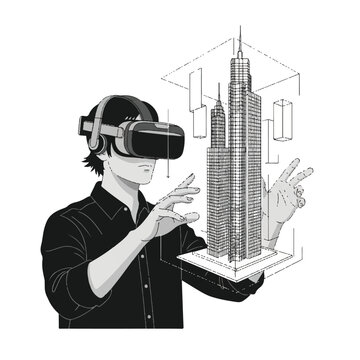 An architect in a studio wearing a sleek spatial computing headset, manipulating a floating 3D wireframe skyscraper model with precise hand gestures, high contrast cinematic lighting, elegant