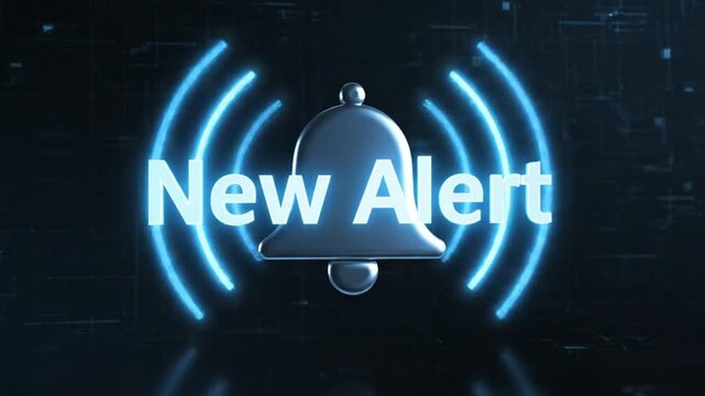 A sleek, metallic bell icon pulses with blue neon light rings, set against a dark, abstract digital circuit board background. Represents alerts and notifications.