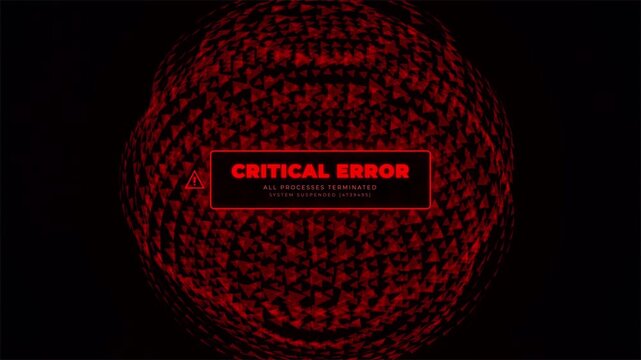 Cybersecurity warning display with flashing critical error text on data grid, system failure alert 4k video