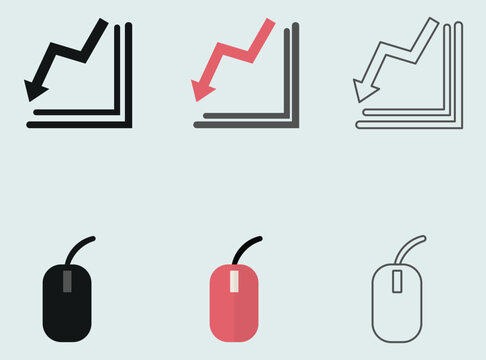 Downward business trend and computer mouse vector icon set