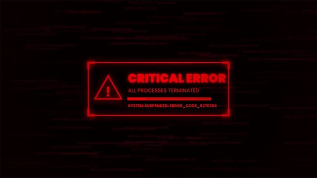 Red flashing critical error window over scrolling digital code, computer system failure animation 4k video